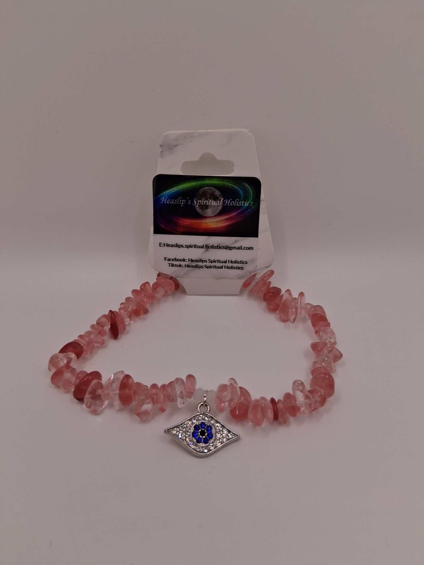 Strawberry Quartz chip & silver evil eye charm bracelet