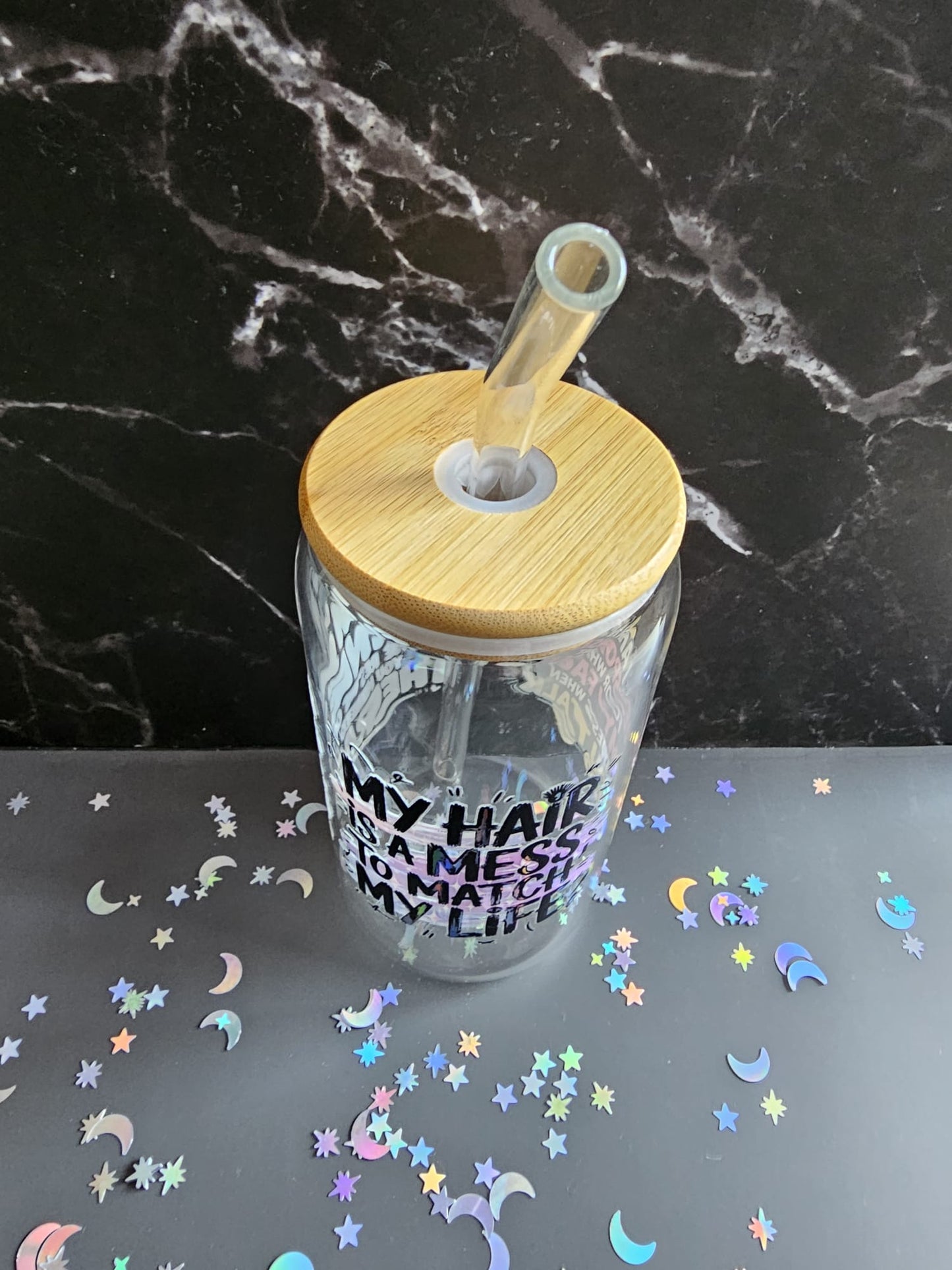 Sarcastic Funny Tumbler Glass ('My hair is a mess to match my life')