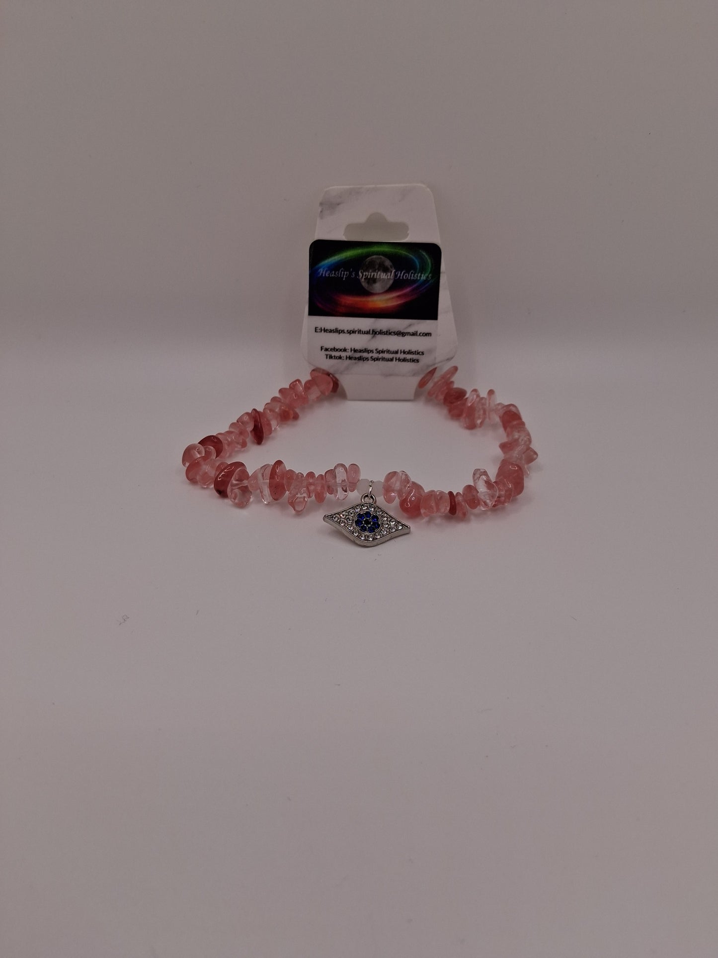 Strawberry Quartz chip & silver evil eye charm bracelet