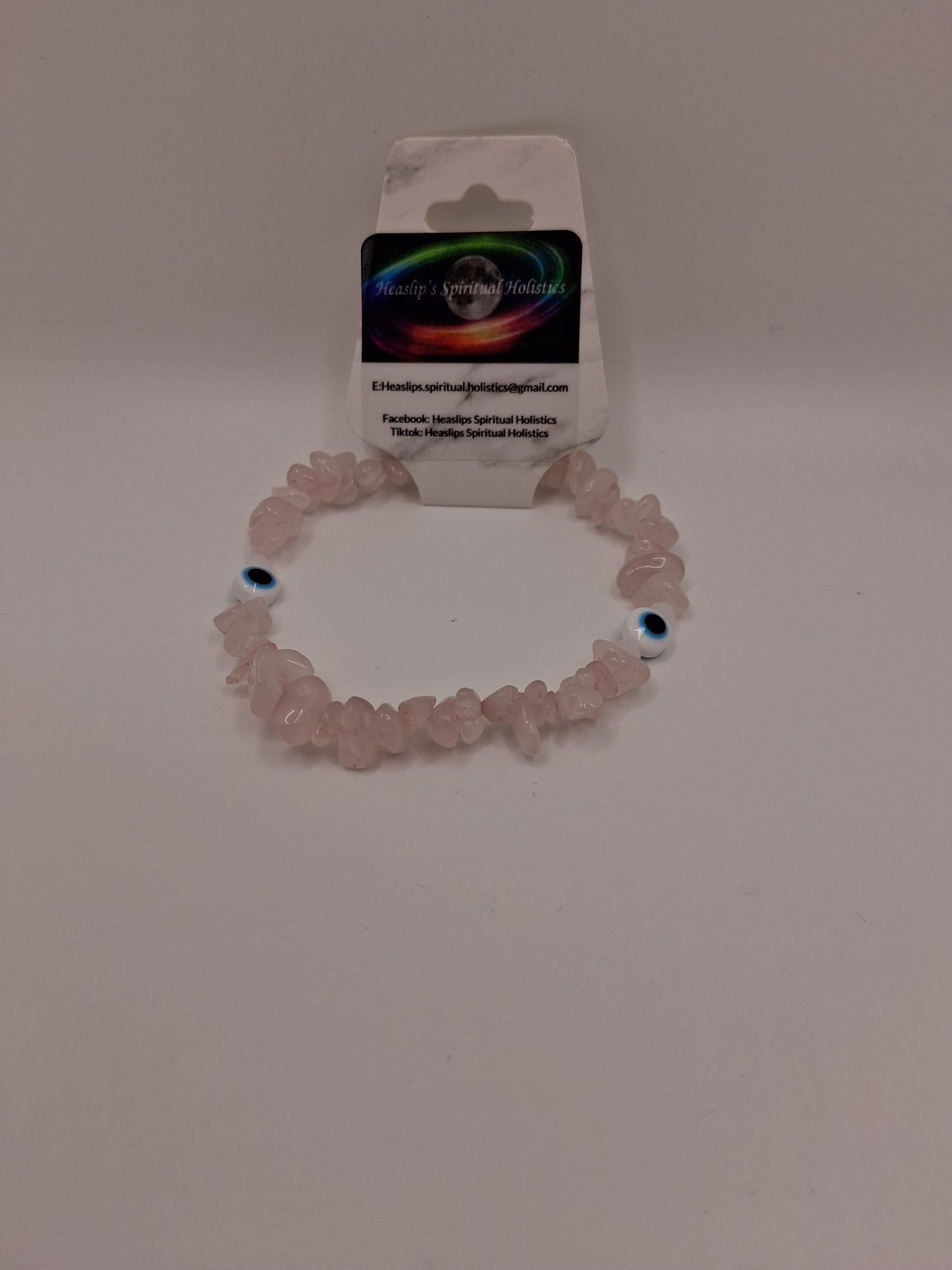 Rose Quartz chip & white evil eye bead bracelet