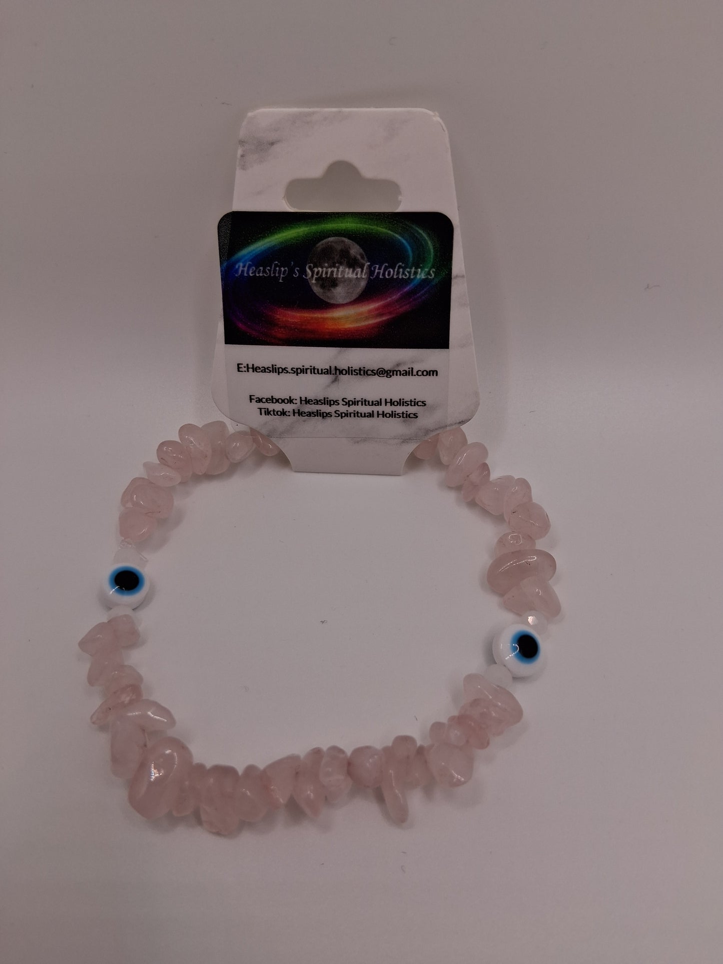 Rose Quartz chip & white evil eye bead bracelet
