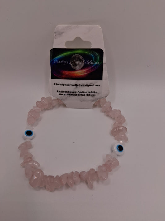 Rose Quartz chip & white evil eye bead bracelet