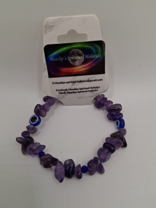 Amethyst chip & blue evil eye bead bracelet