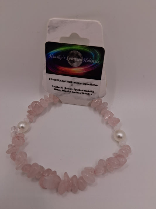 Rose Quartz chips & pearl like bead bracelet