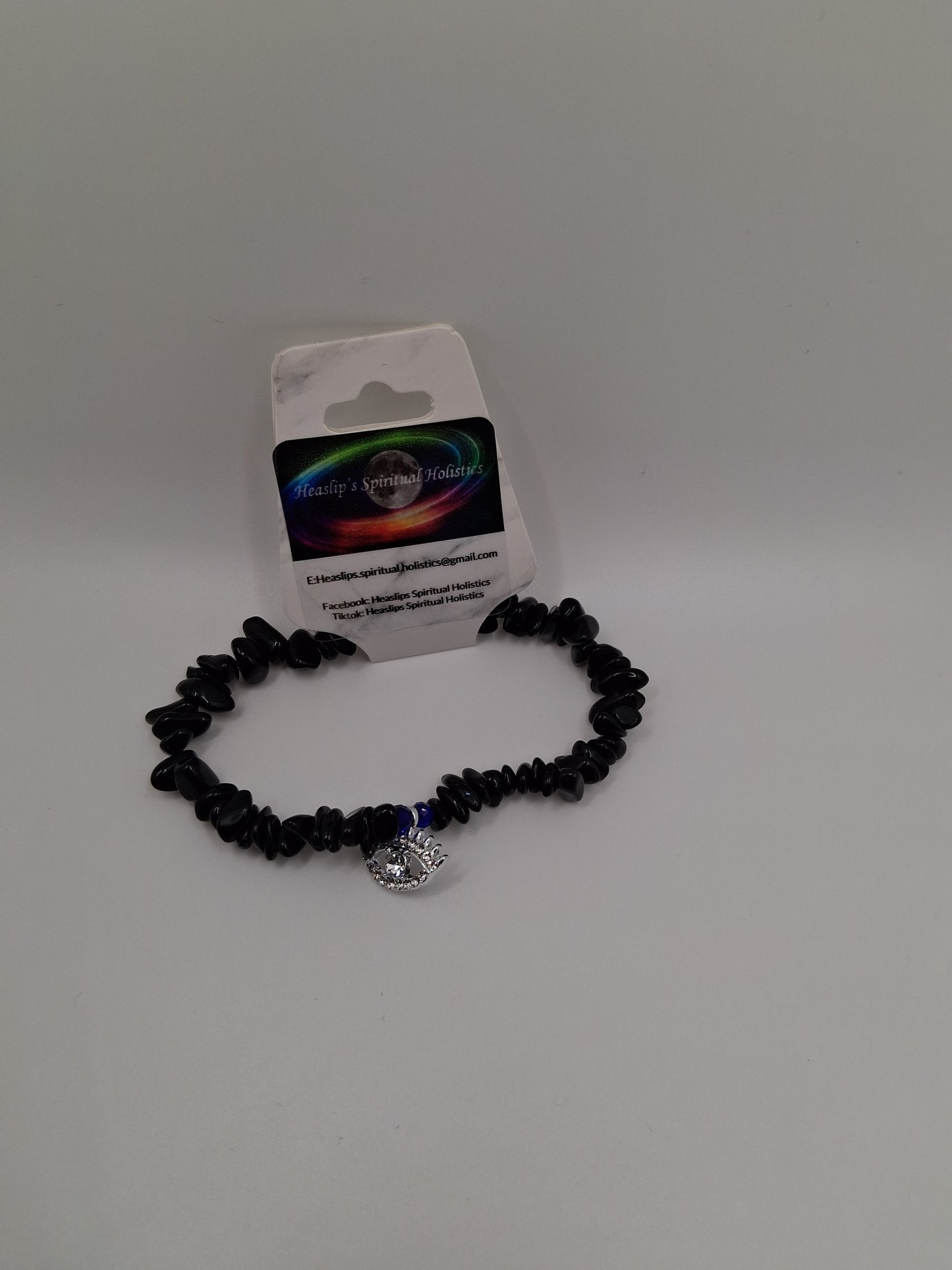 Obsidian crystal chip & silver evil eye charm bracelet