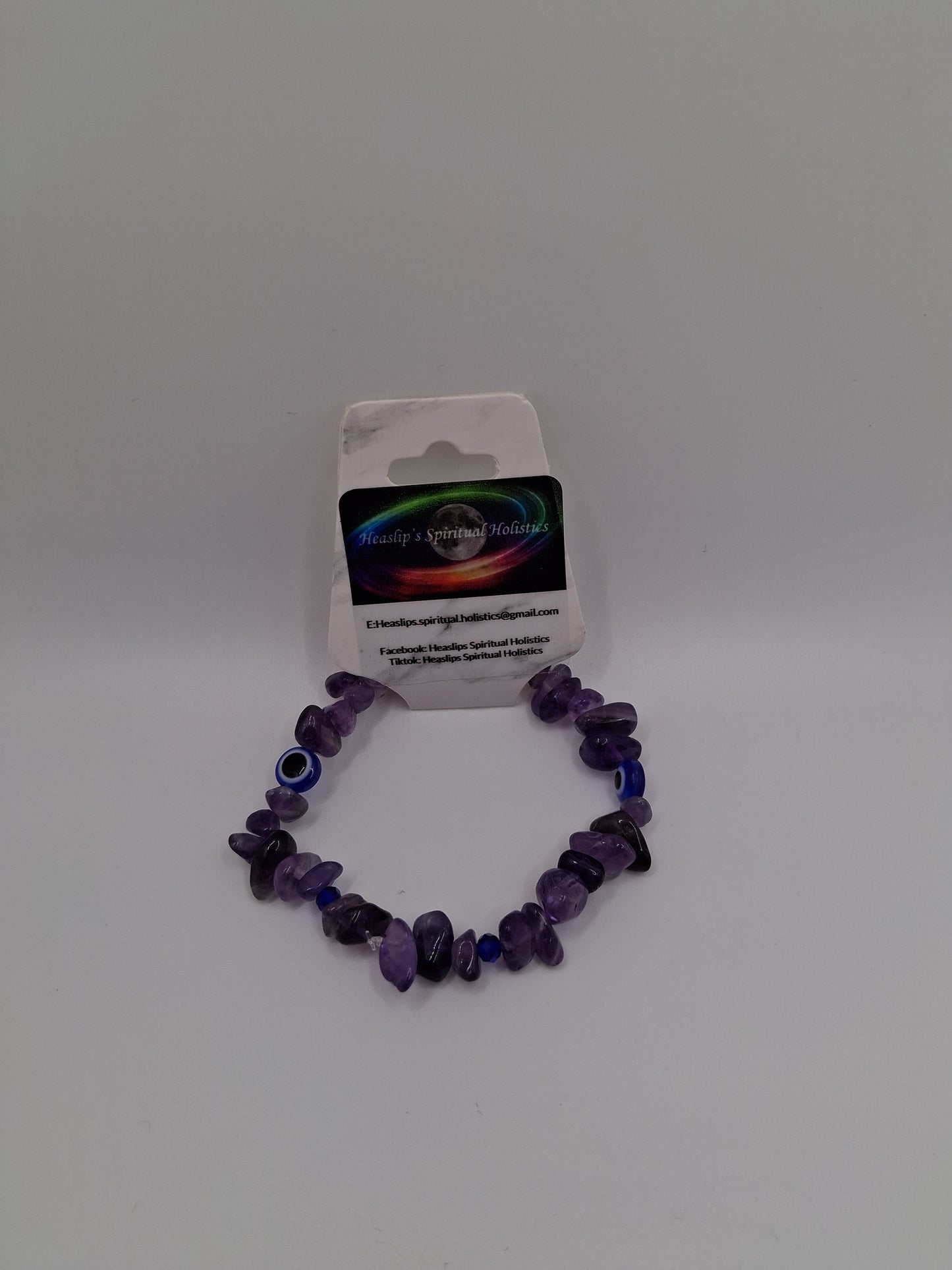 Amethyst chip & blue evil eye bead bracelet