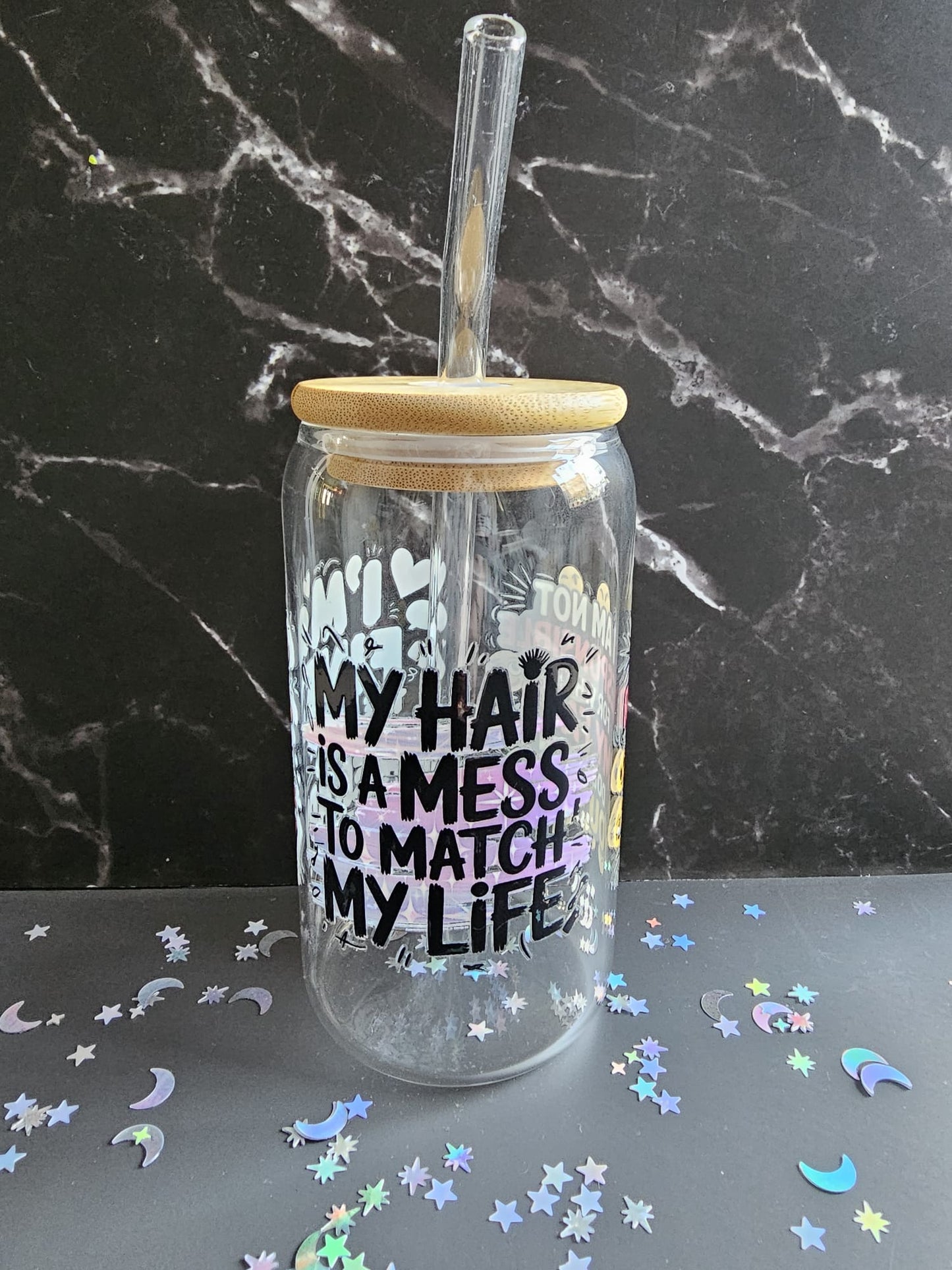 Sarcastic Funny Tumbler Glass ('My hair is a mess to match my life')