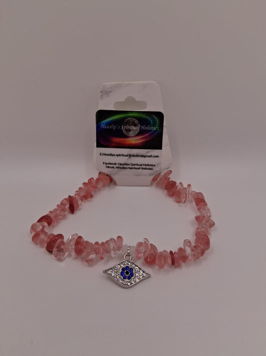 Strawberry Quartz chip & silver evil eye charm bracelet